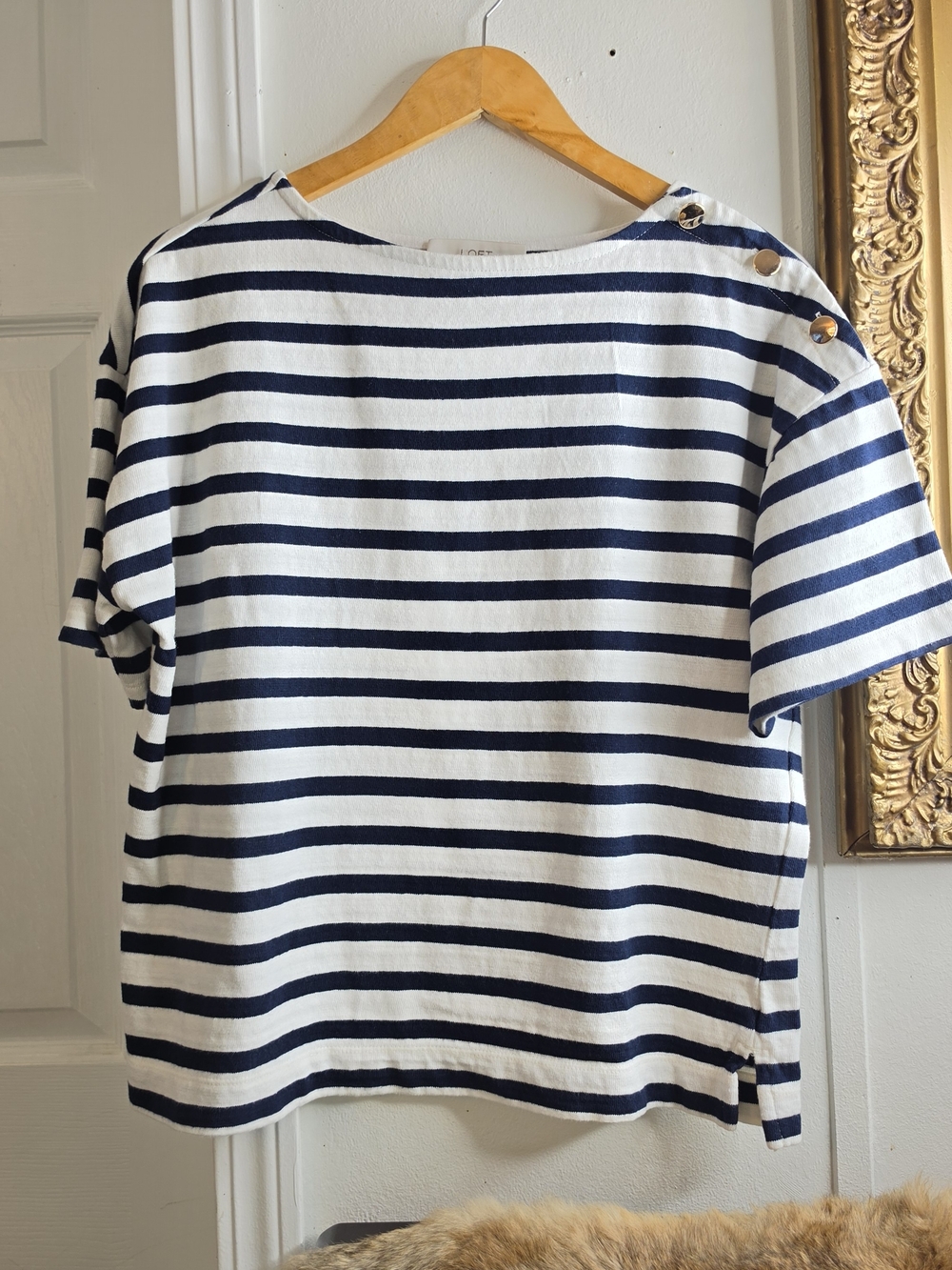 LOFT Navy 100% Cot White Striped Short Sleeve Boatneck Top with Shoulder Buttons